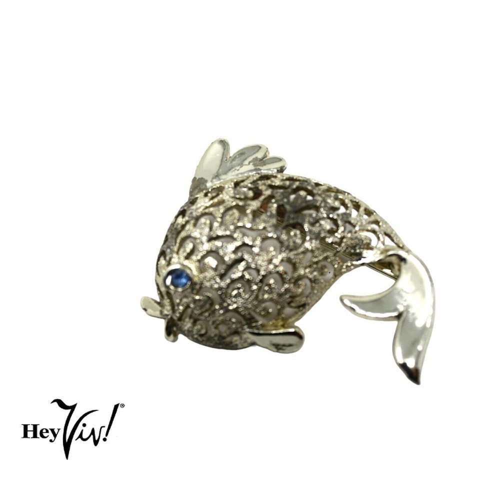 Vintage JJ Leaping Fish Pin w Detailed Open Work Scales Curved Tail 2" - Hey Viv